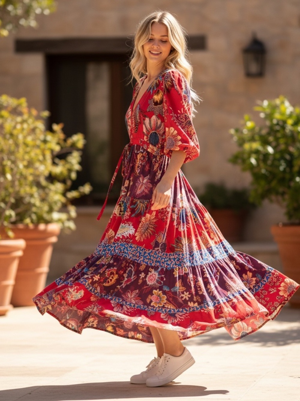 Johnny Was Pecan Mixed Print V-Neck Tiered Maxi Dress Size XS
